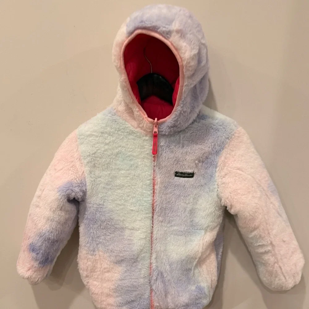 Eddie Bauer Kids Reversible Puffer Jacket Pink Faux Fur Hooded Coat S 7/8 NWOT